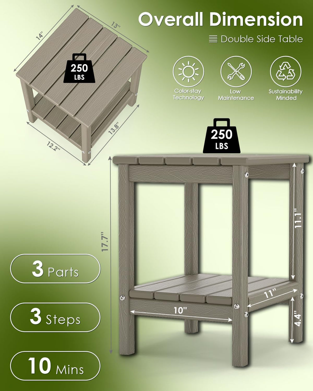 GREENVINES Outdoor Side Table, HDPE 2-Tier Adirondack Tables, Wood Grain