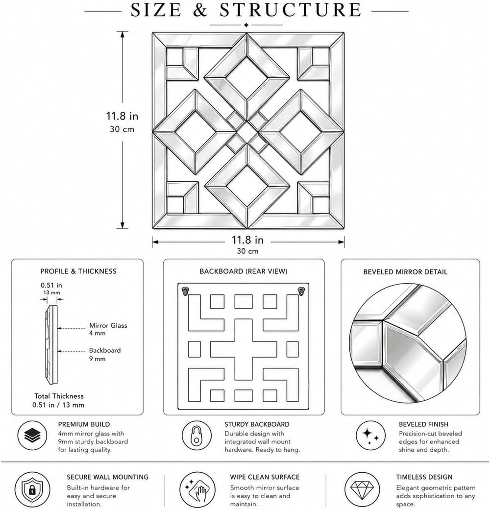 Square Decorative Wall Mirror 12 x 12 Inch, Silver Frameless Mirror Wall Deco...