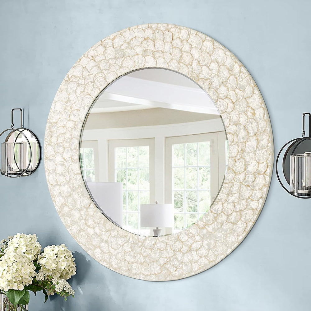 Round Coastal Mirror with Capiz Shell Frame, 36'' Large Circle Bathro...