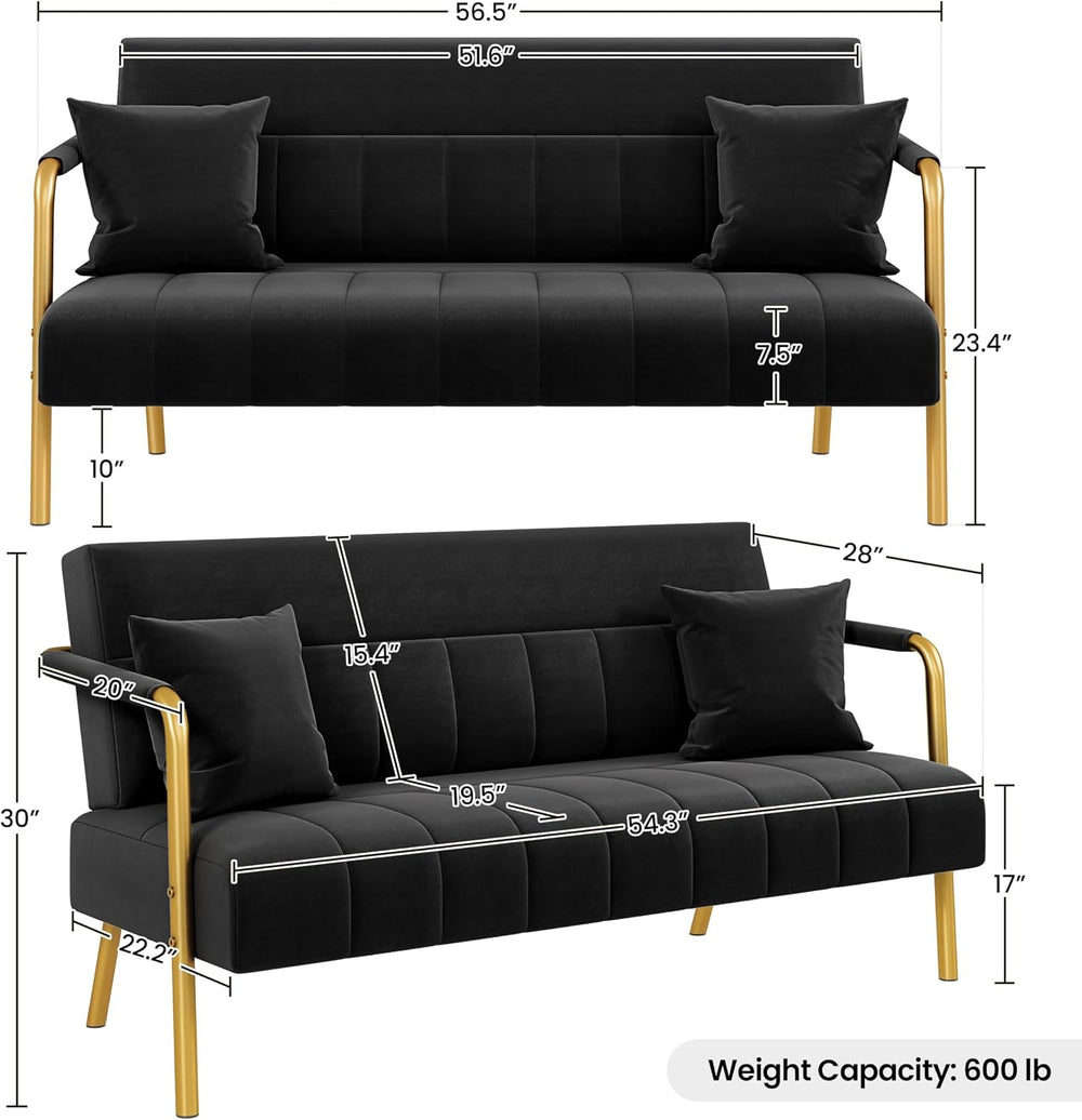 Yaheetech 56.5" Small Sofa 2 Seater Couch with Gold-Tone Legs, Black
