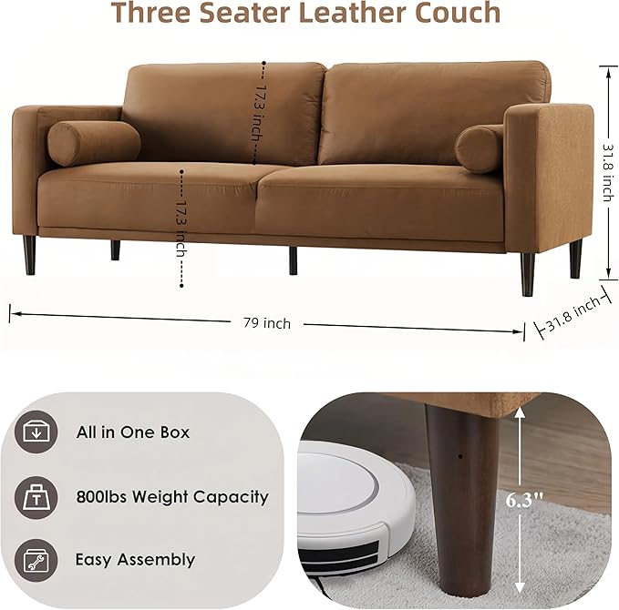HIFIT 79" Sofa Couches for Living Room Mid-Century Modern Decor Faux Lea...