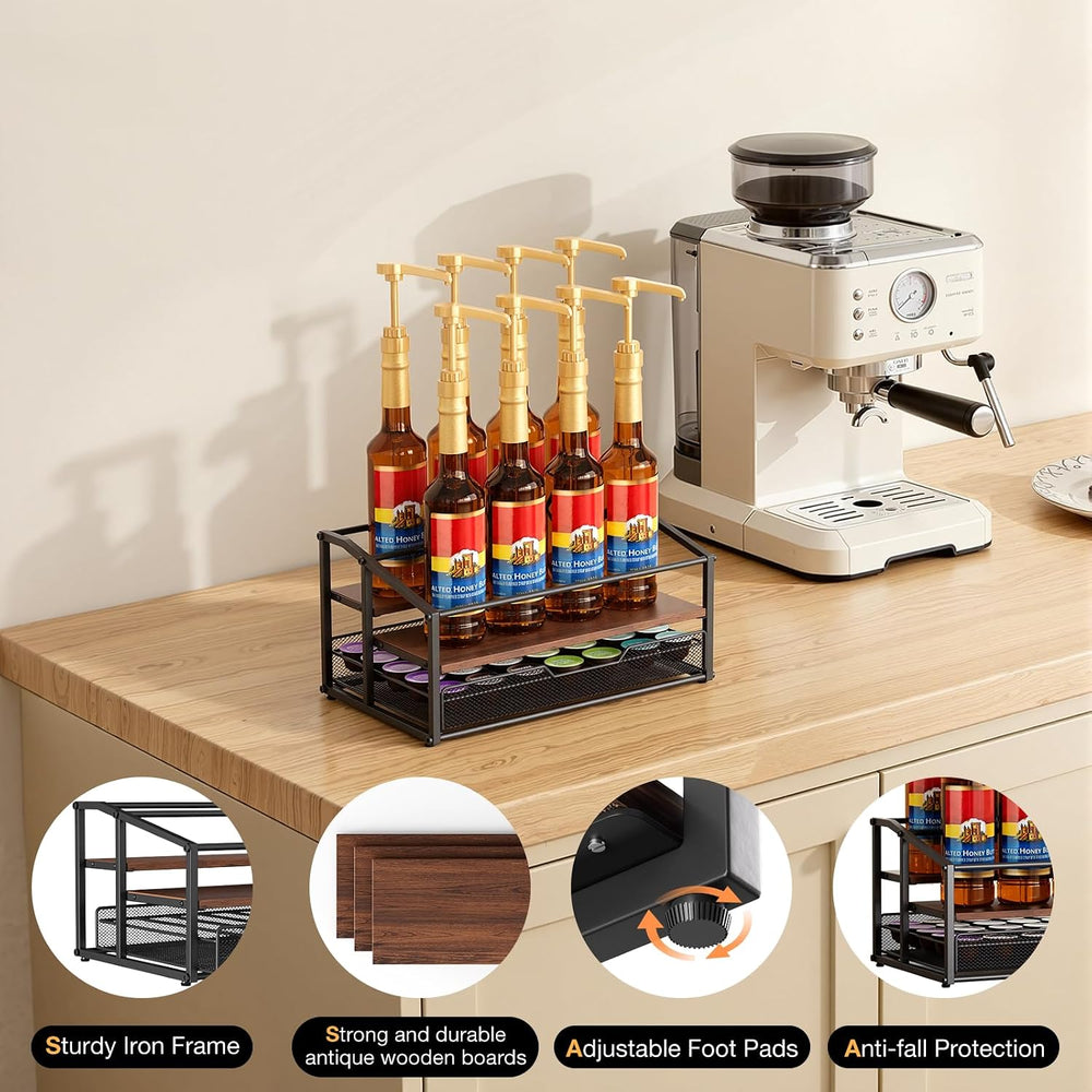 kimilus Coffee Syrup Rack Organizer, 3-Tier 8 Bottle Syrup Rack with 35 K Cup...