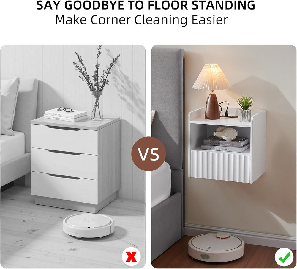 Modern Fluted Floating Nightstand Wall Mounted Set of 2- Bedside Table with S...