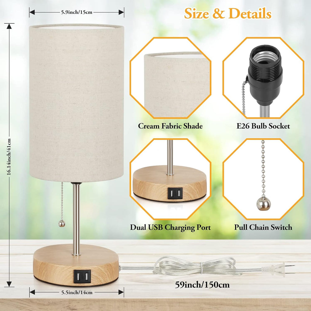 Set of 2 Table Lamps, Modern Bedside Desk Lamps with Pull Chain