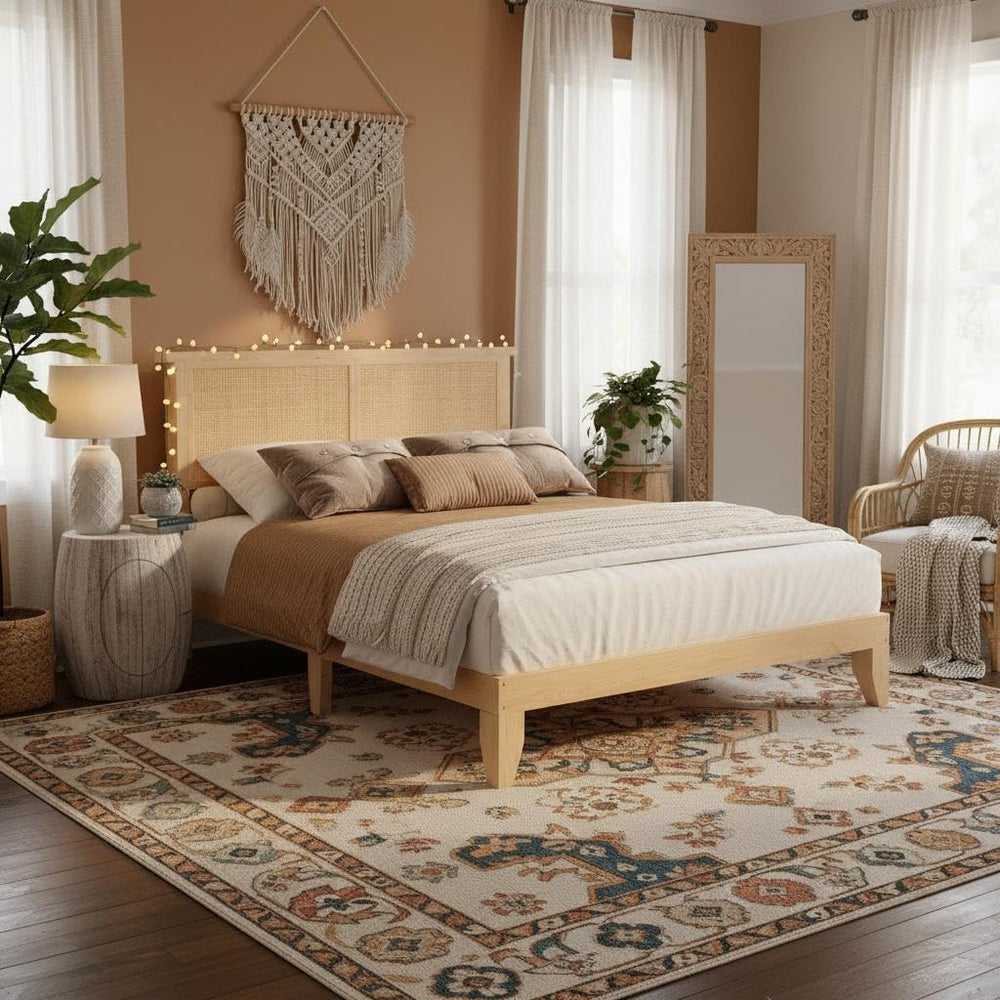 coucheta Bohemian Queen Rattan Bed LED Natural Headboard Bedroom