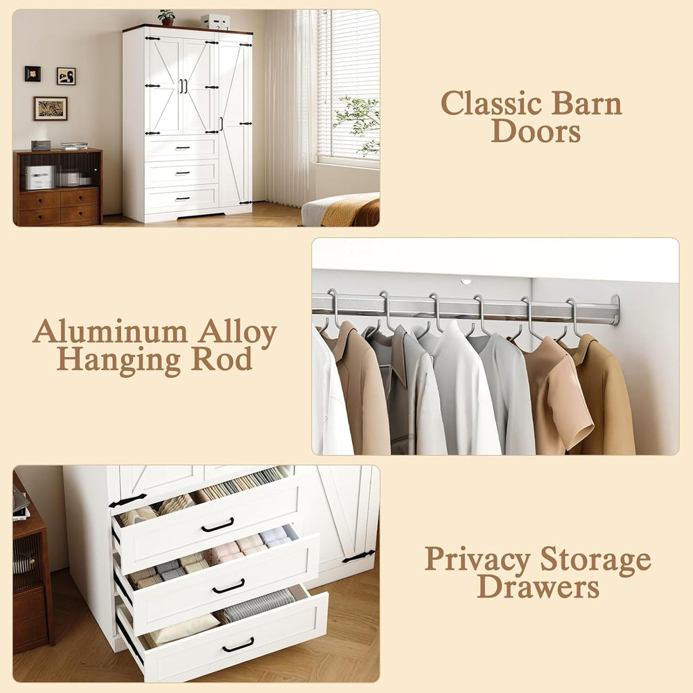 70" Tall Wardrobe Closet with 3 Doors & 3 Drawers, Farmhouse Armoire...