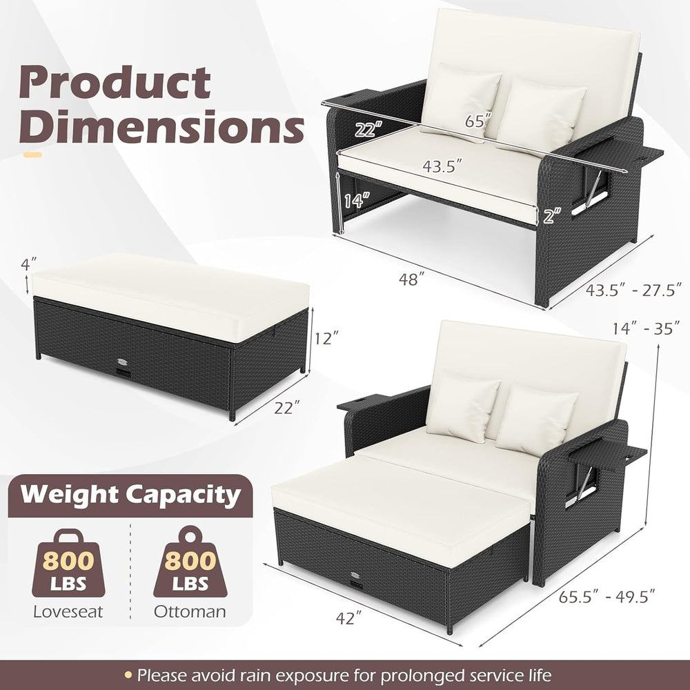 COSTWAY Patio Rattan Daybed with Cushions, Outdoor Wicker Loveseat Sofa