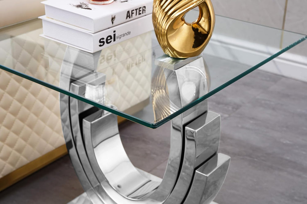 Glass End Table, 22.83" Square Side Table with Tempered Glass Top and Si...