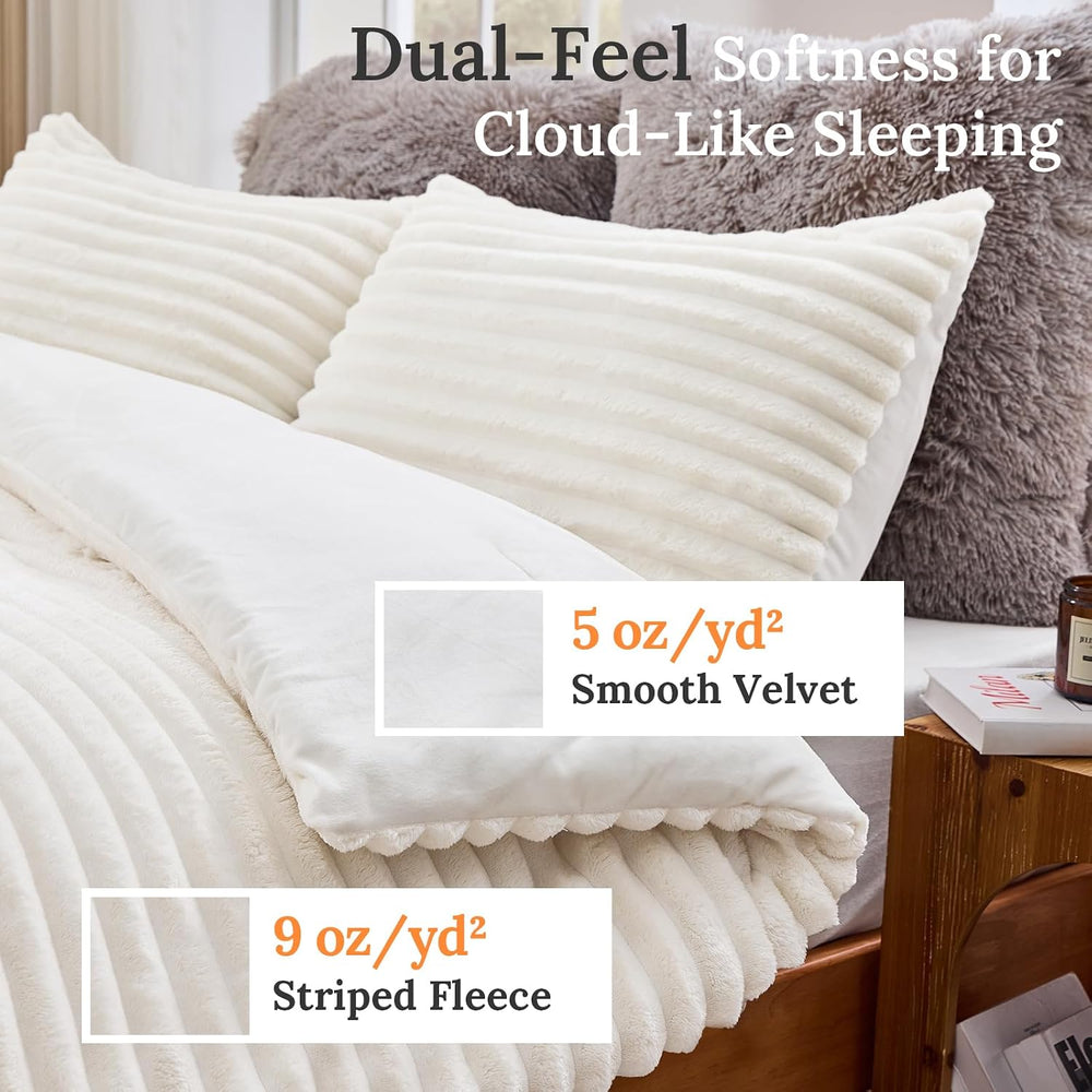 Sasttie Fluffy Queen Comforter Set, 3 PC Soft Fleece Bedding, Cream White