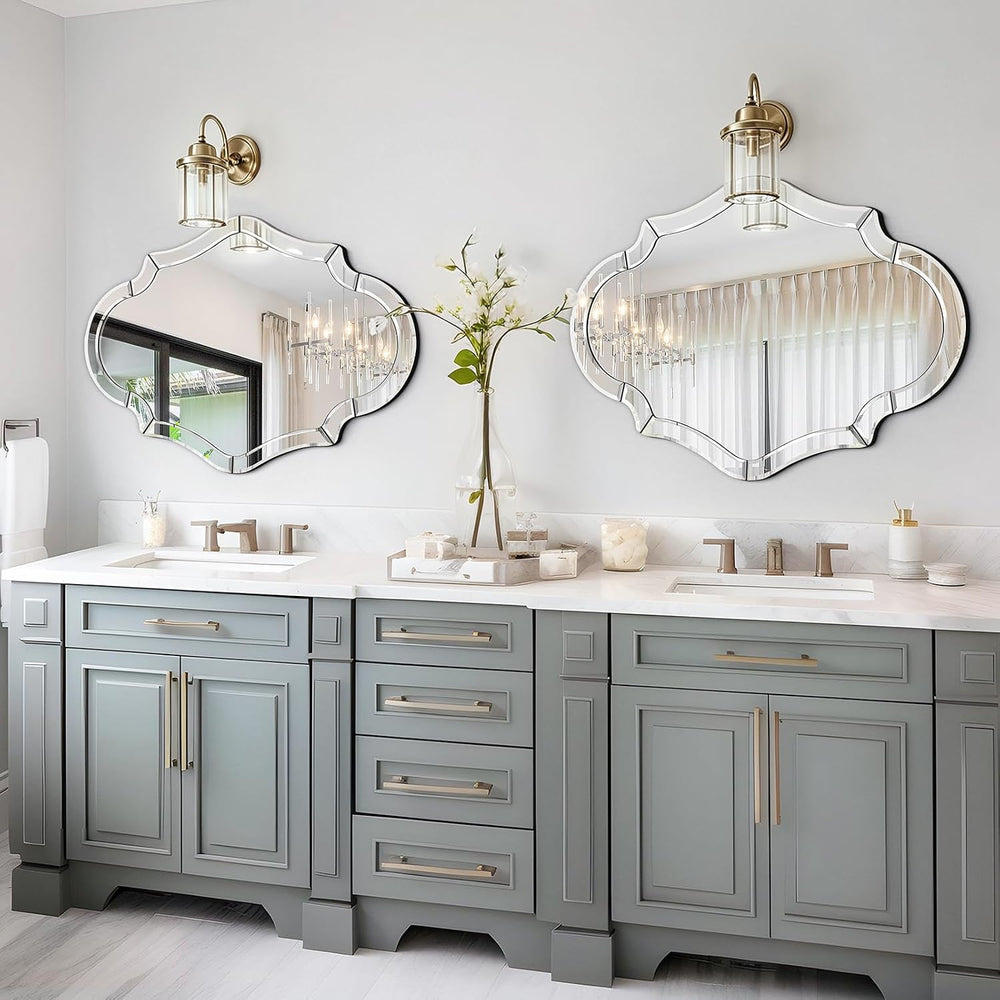 47"x32" Scalloped Beveled Glass Wall Mirror, Solid Wood Backing