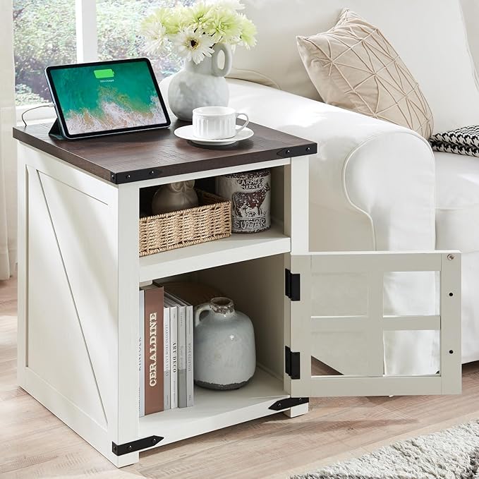 Farmhouse Nightstand with Charging Station, Rustic End Table with Tempered Gl...