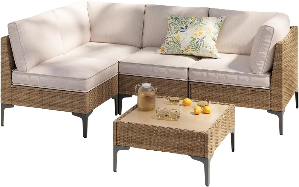 5-Piece Patio Furniture Set, Outdoor Wicker Sectional Sofa with Coffee Table,...