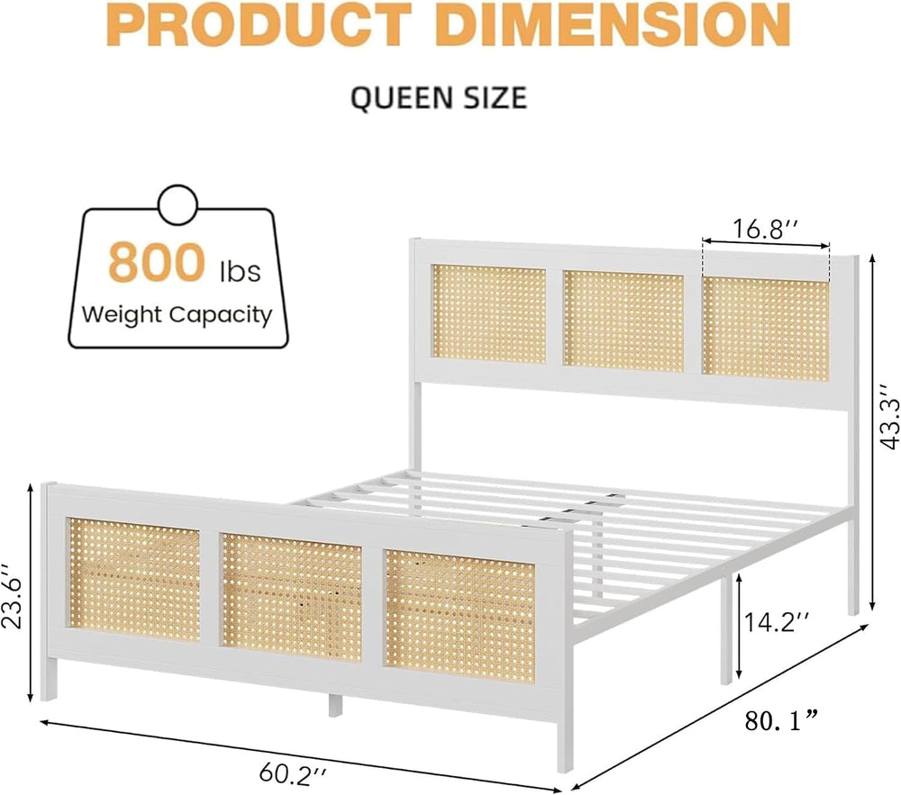 IDEALHOUSE Rattan Bed Frame with Headboard, Boho Queen Bed Frame, White