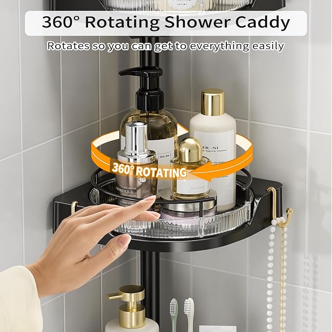 shuang qing 360° Rotating Corner Shower Caddy Tension Pole Organizer