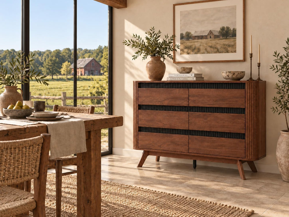 OURPIC Fluted 6 Drawer Dresser for Bedroom, 47W x 31H, Modern Walnut Brown