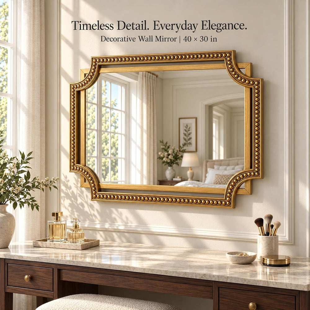 Gold Rectangle Wall Mirror, 40x30 Inch Scalloped Beaded Frame for Bathroom