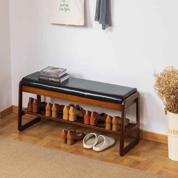 latifolia Solid Wood Bench, Entryway Shoe Bench with Cushion, Flip-Open Stora...