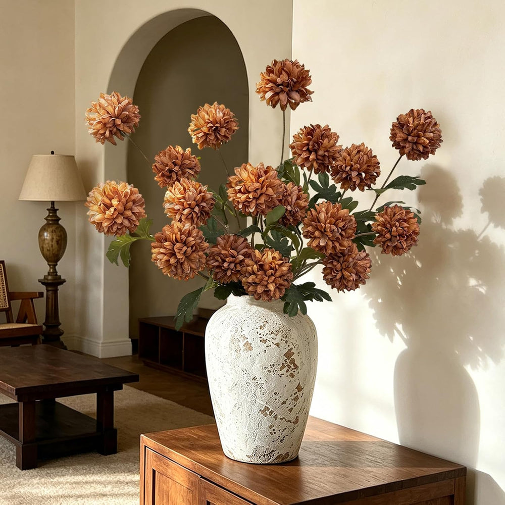 6 Pcs Fake Pompon Mums Artificial Flowers for Vase Filler 27Inch (Caramel)