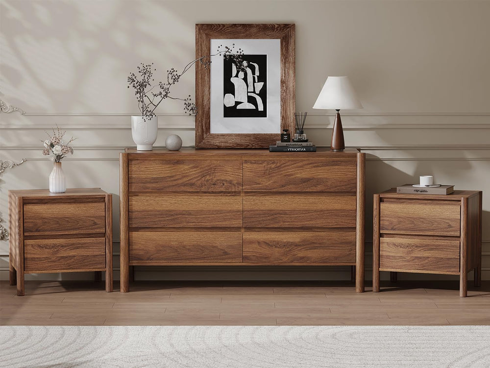 CHUWELL Walnut Dresser Bedroom Set, 6 Drawer Dresser & 2 Drawer Nightstands