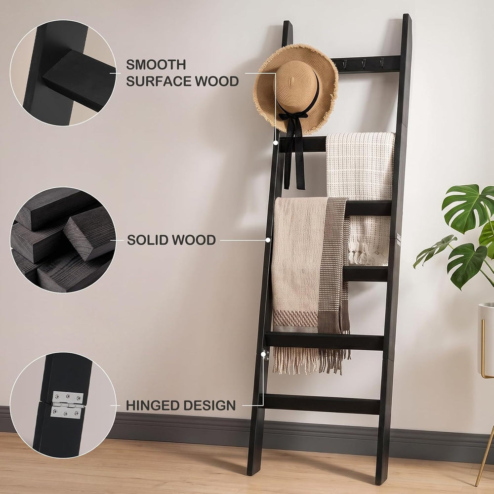 TEAKMAMA 6-Tier 5.4ft Blanket Ladder with Hooks Farmhouse Black | Wall Leanin...