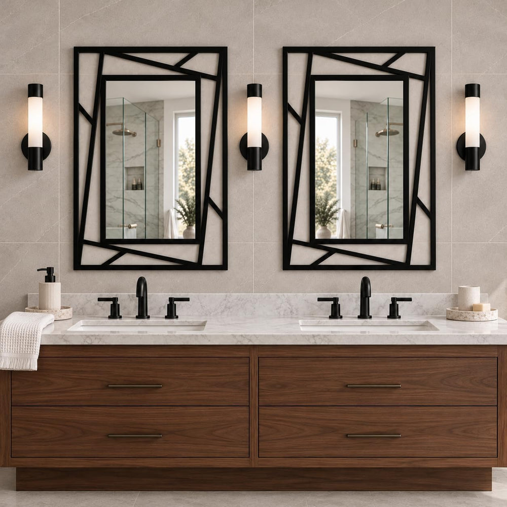 Black Geometric Wall Mirror, 36 x 24 Inch Decorative Metal Framed Bathroom Mi...