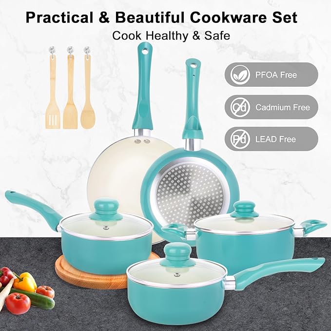 M MELENTA Pots and Pans Set Nonstick, Ceramic Non Stick Cooking Set, Stay Cool