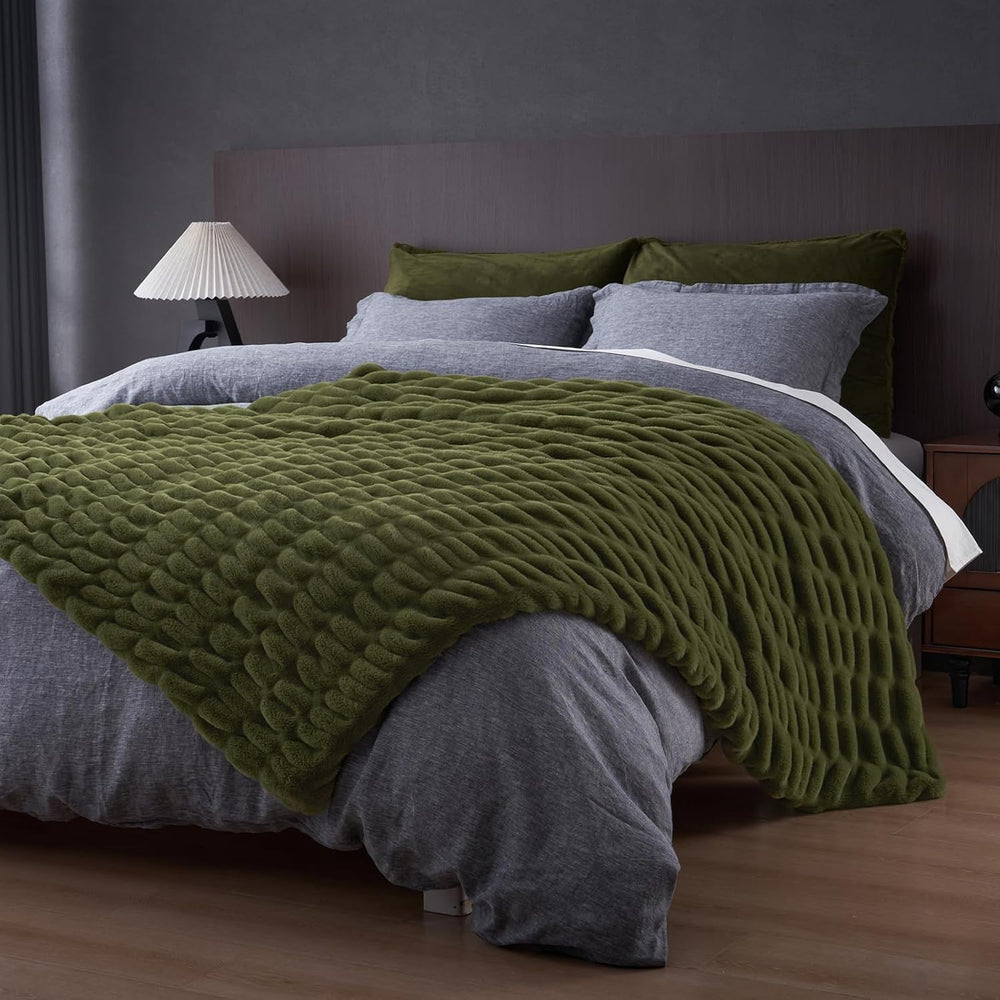 David's Home Double-Sided Faux Rabbit Fur Ruched Throw Blanket, Winter Moss