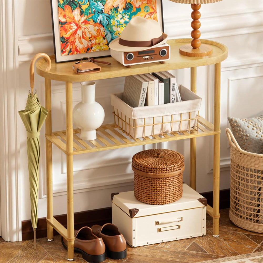 Small Entryway Table Bamboo 30.7", Narrow Hallway Table Oval Top 2-tier,...
