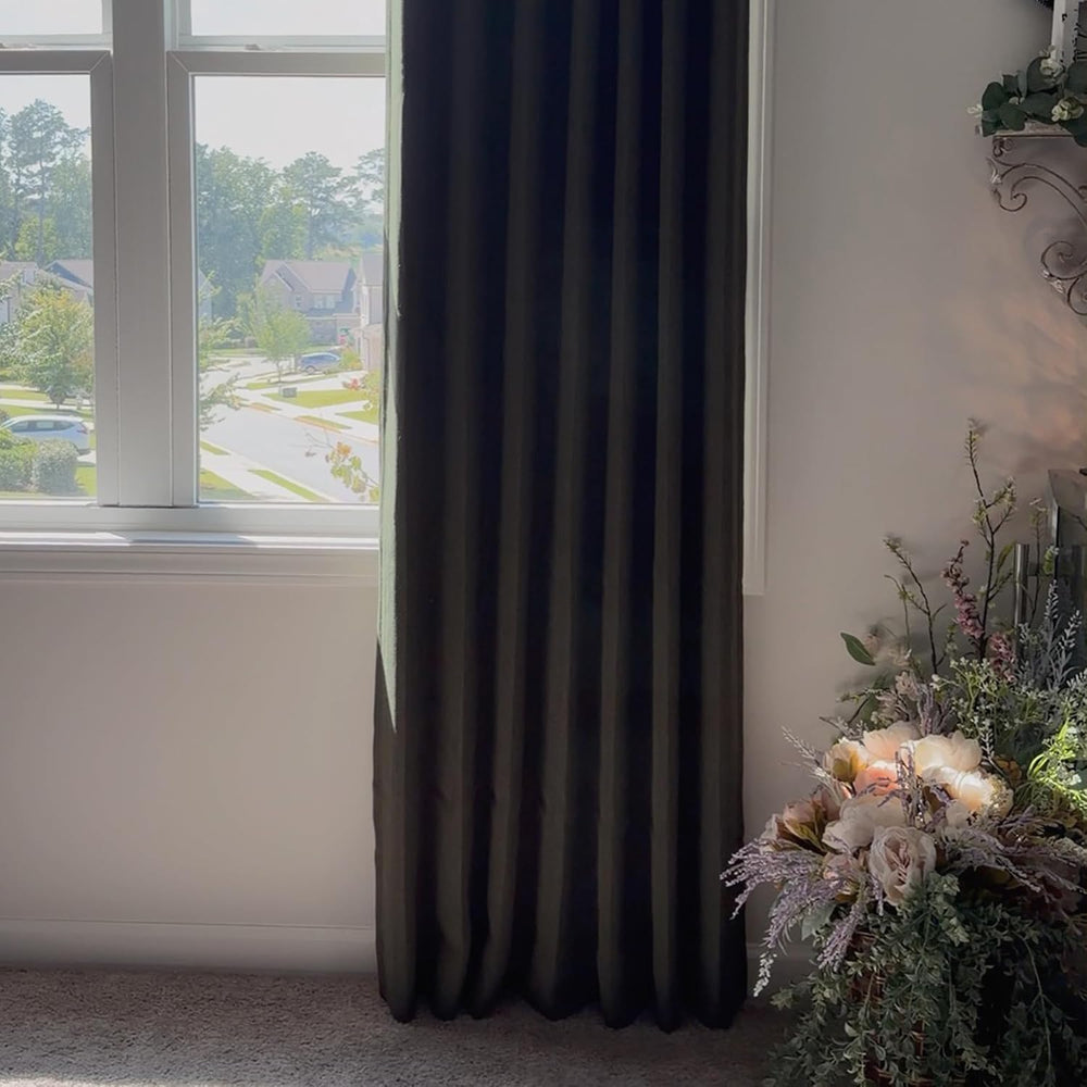 NICETOWN Vintage Olive Dark Green Pinch Pleated Linen Curtains 90 inch Long