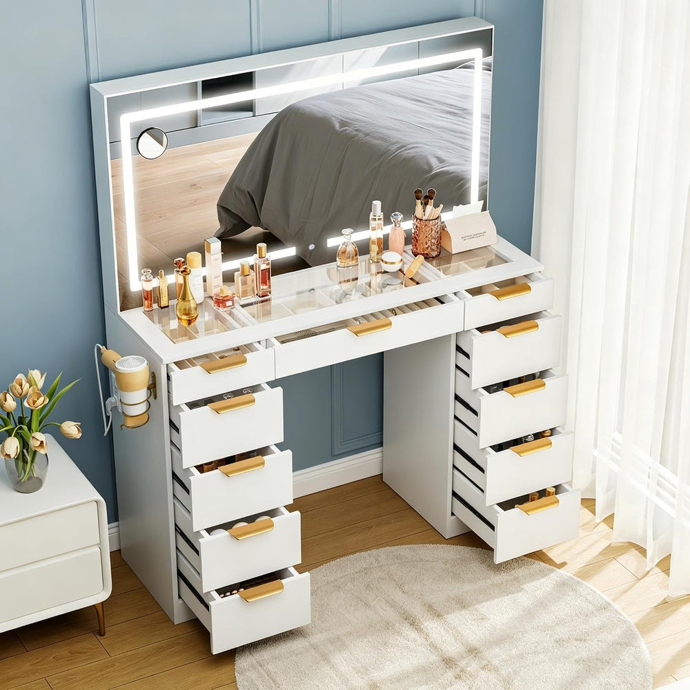 Pamapic Glass Top Vanity Desk with Mirror and Lights, 11 Drawers Makeup Vanit...
