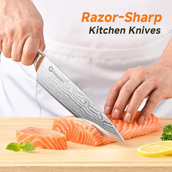 Sunnecko Knife Set with Block and Sharpener, 15 Piece Kitchen Knife Block Set