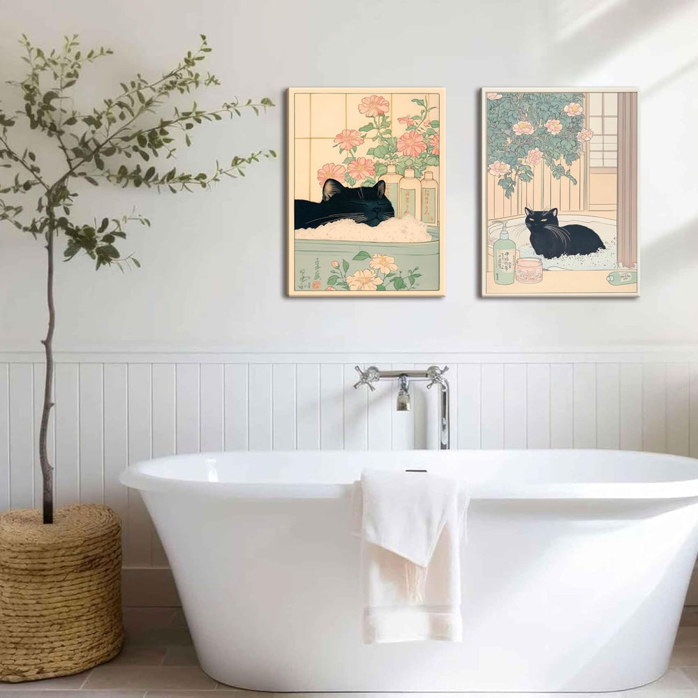 Funny Bathroom Wall Art Set of 3, Japanese Cute Black Cat Wall Decor Painting...