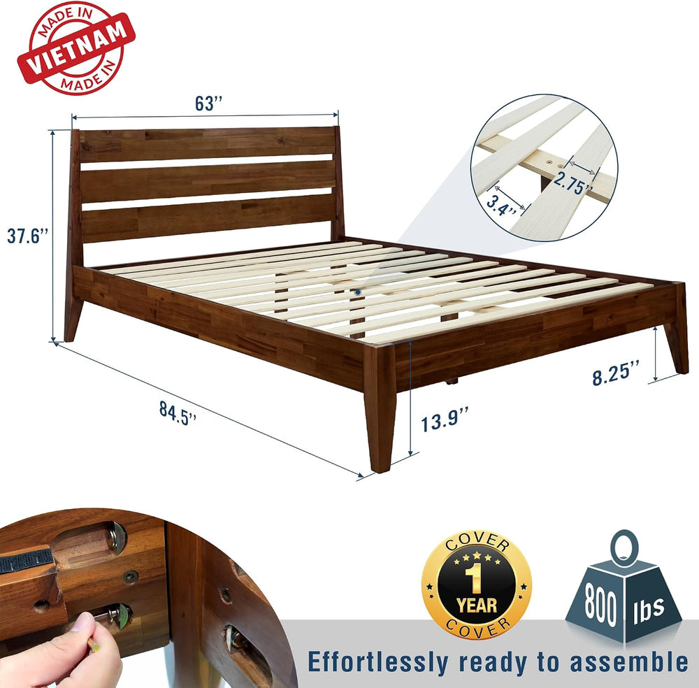 Emery Acacia Solid Wood Queen Platform Bed, Mid-Century, Chocolate.
