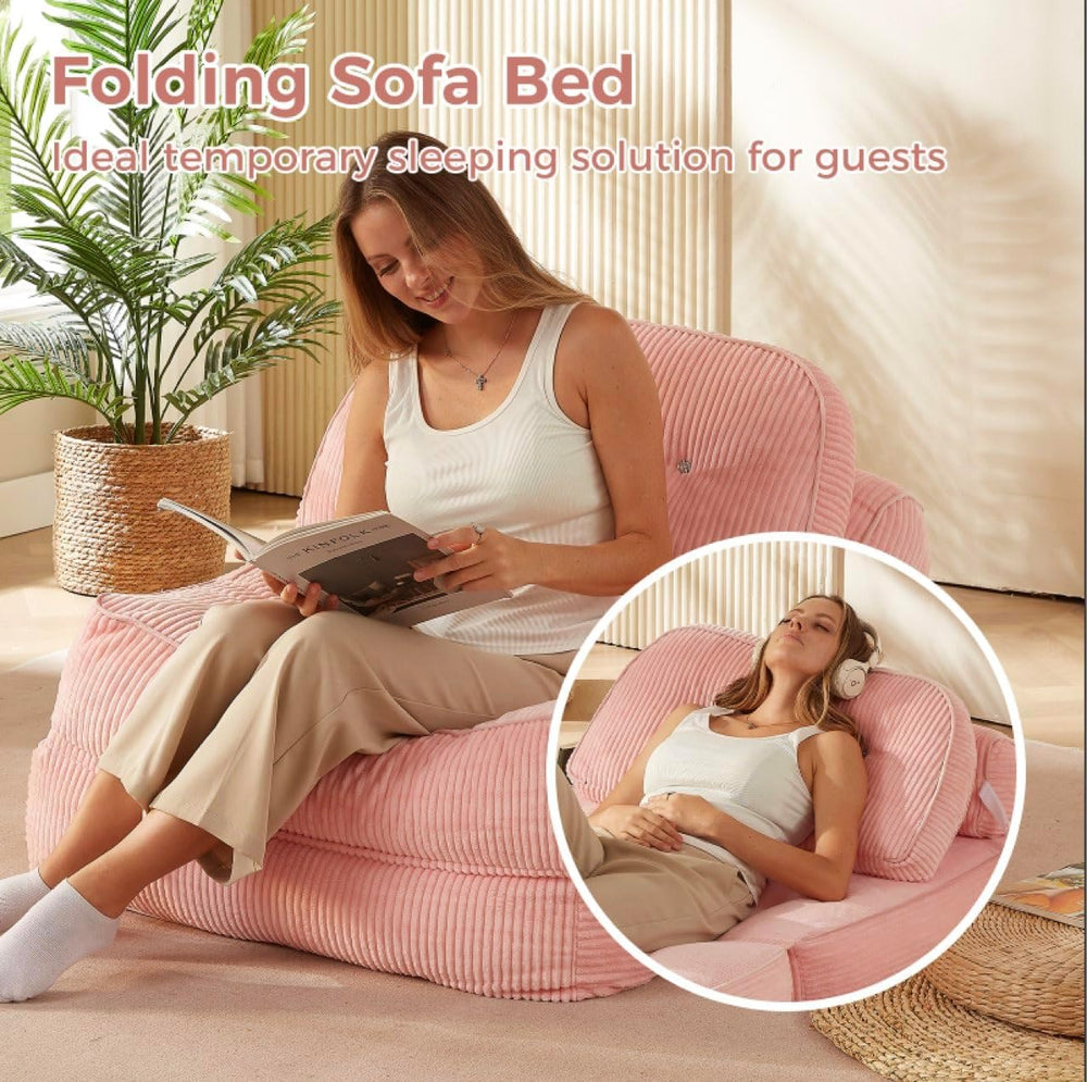 Pink Boneless Chair Bed with Pillow & Blanket, Foldable Sofa Bed
