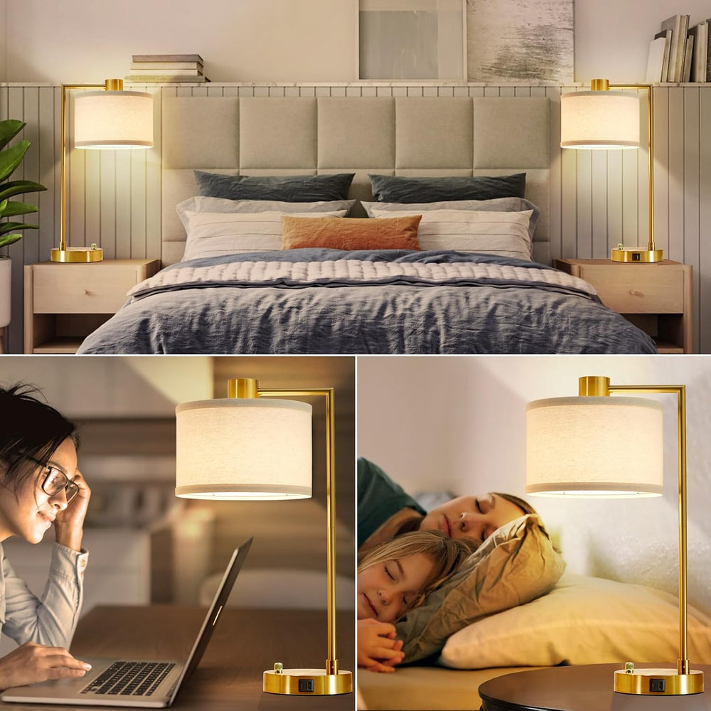 Gold Table Lamp Set of 2, Dimmable Bedside Lamps for Night Stands, USB A+C