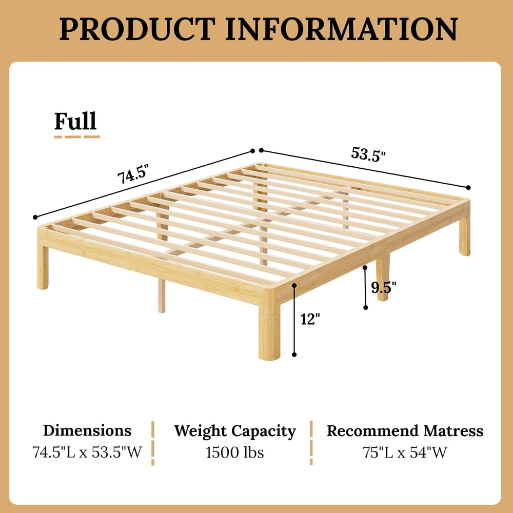 Askeld 12 inch Bamboo Solid Wood Full Bed Frame for Bedroom Apartment