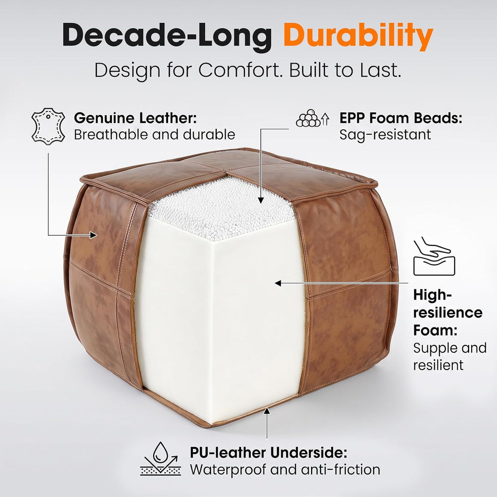 Genuine Leather Square Ottoman,Pouf for Living Room (Brown, Square)