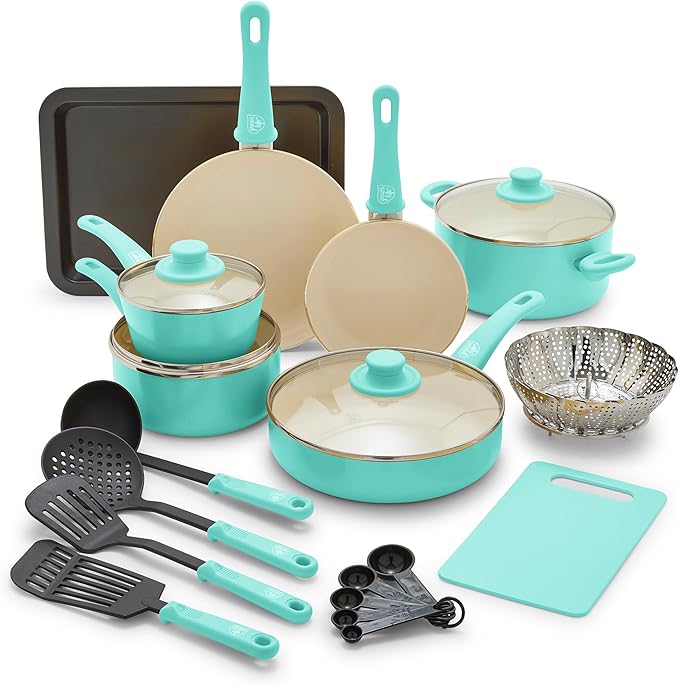 GreenLife Soft Grip Healthy Ceramic Nonstick 18 Piece Kitchen Cookware Pots and