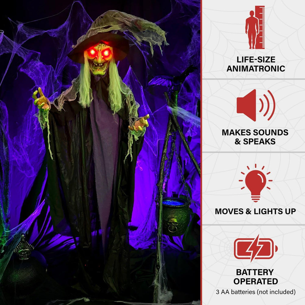Haunted Hill Farm Life-Size Poseable Scary Talking Witch, Halloween Animatron...