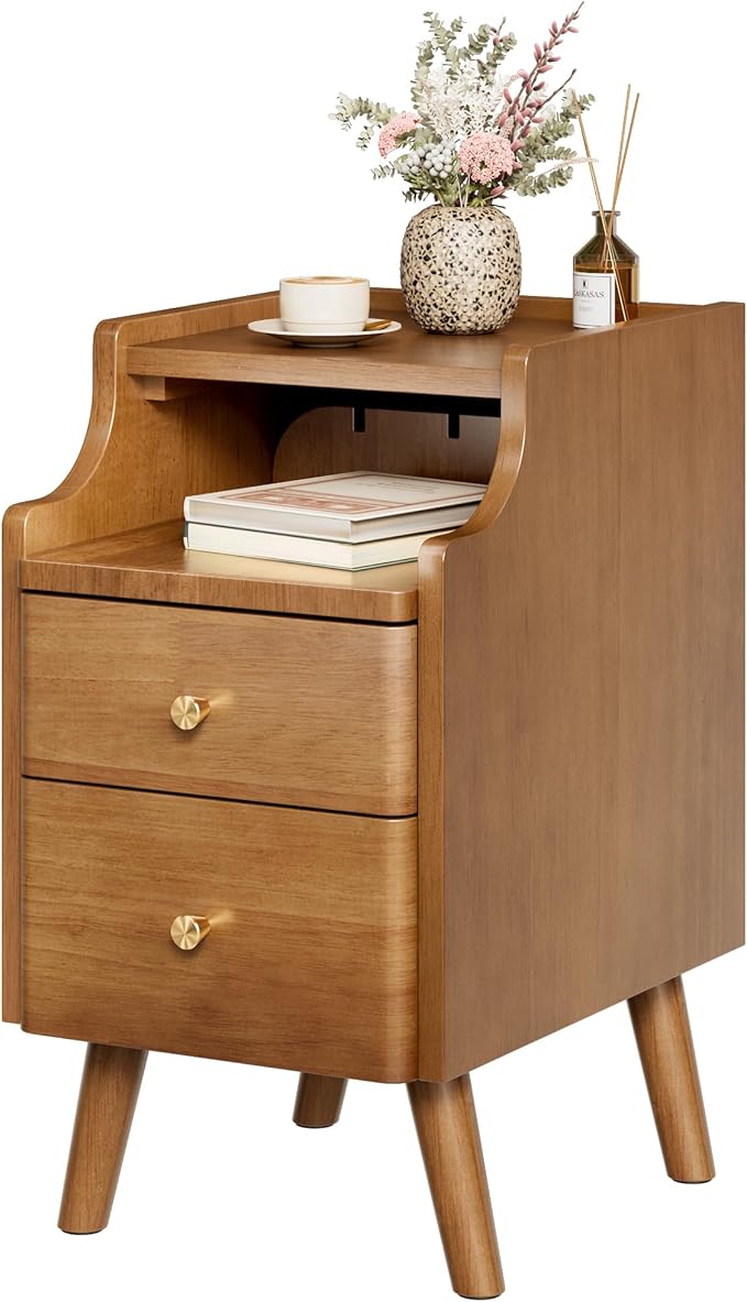 Narrow Nightstand, Solid Wood Night Stand with 2 Drawers, Walnut Mid Century ...