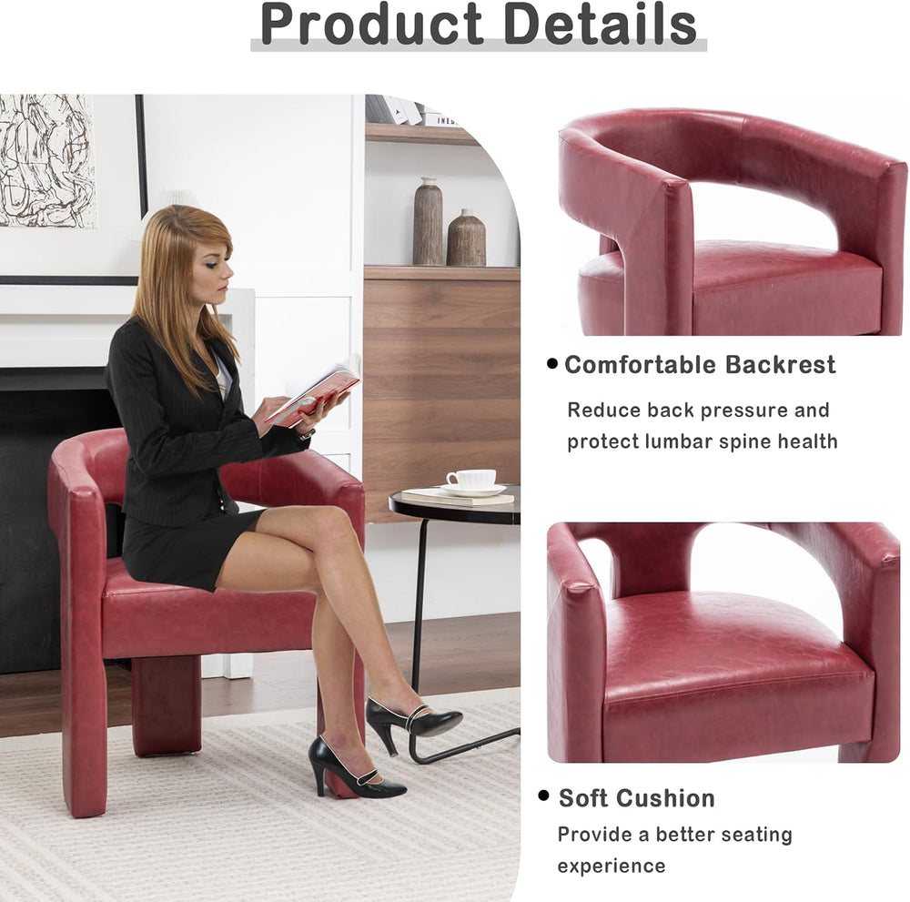 Modern Barrel Dining Chair, Comfy Faux Leather Upholstered Chairs with Open-B...