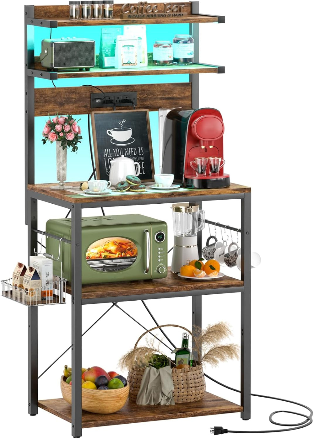 Aheaplus Bakers Rack with Power Outlet, Microwave Stand, 5 Tiers Coffee Bar S...