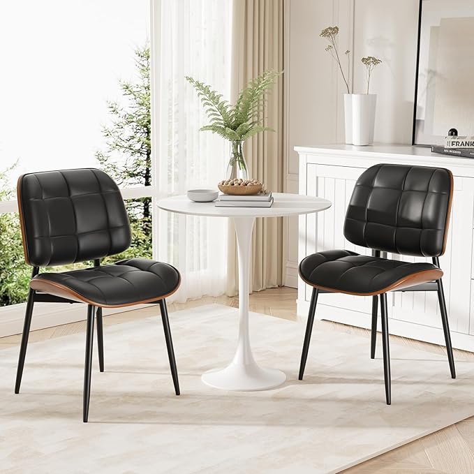 Dining Chair, Black Mid Century Modern Dining Room Chair, Upholstered Faux Le...