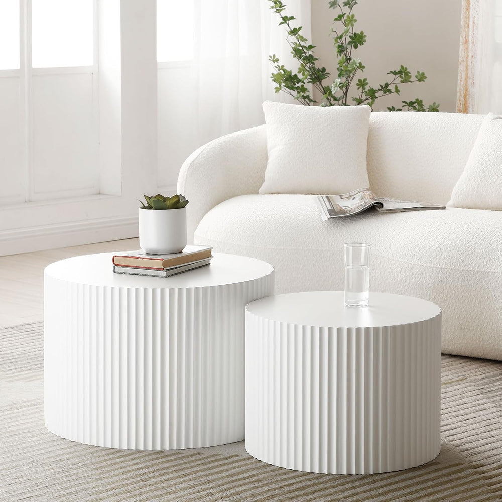 Round Nesting Coffee Table Set of 2, Modern Handcraft Wood Side Table Drum Ac...