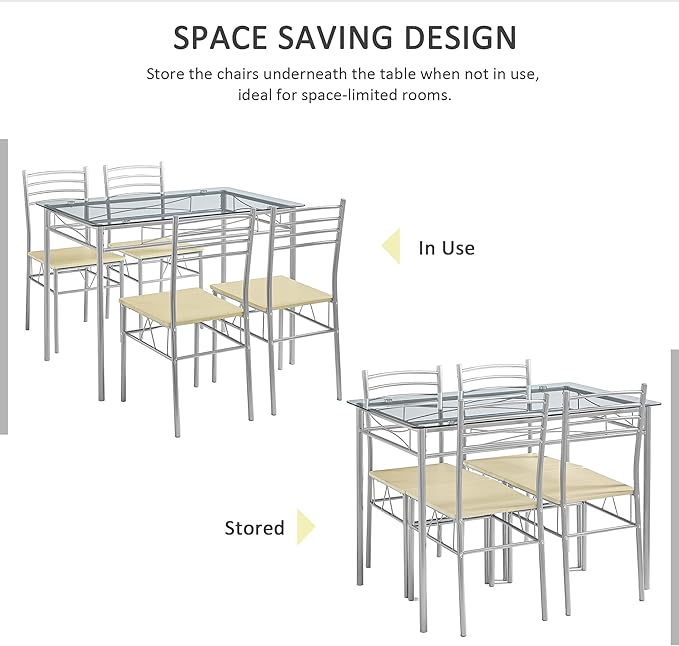 VECELO Kitchen Dining Room Table and Chairs 4, 5-Piece Dinette Sets, Space Sa...