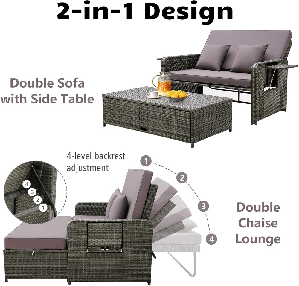 Multigot Double Rattan Daybed, 4-Level Adjustable Wicker Sun Lounger with Sto...