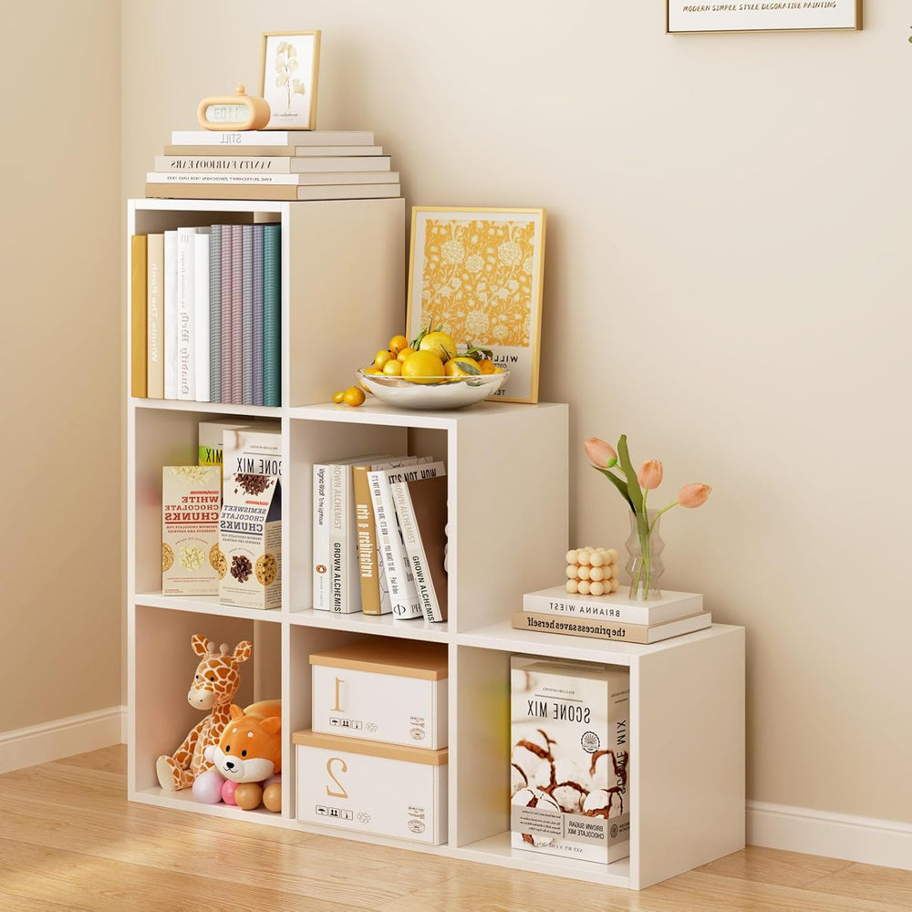 Ladder Cube Storage Bookcase - Wooden L-Shaped 3-Tier Corner Shelf, Reversibl...