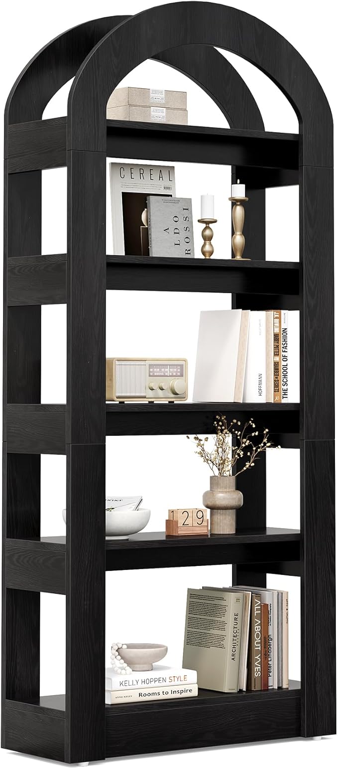 LITTLE TREE 5-Tier Bookshelf, Arch-Shaped Racks, Tall Standing Wooden Bookcas...