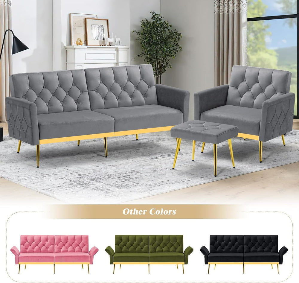 Velvet Sofa Bed w/Adjustable Armrests & Backrests, Grey