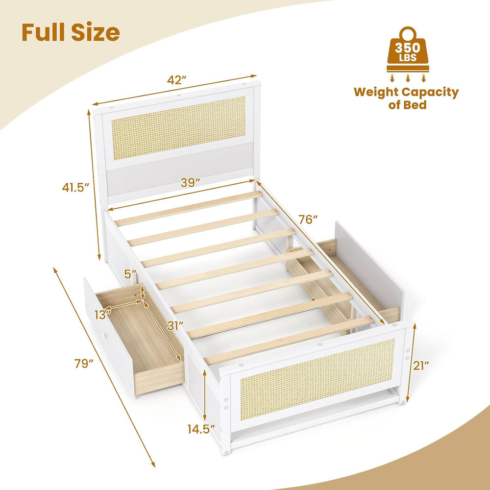 KOMFOTT Twin Rattan Bed Frame with 2 Storage Drawers, Boho Wooden Platform Be...